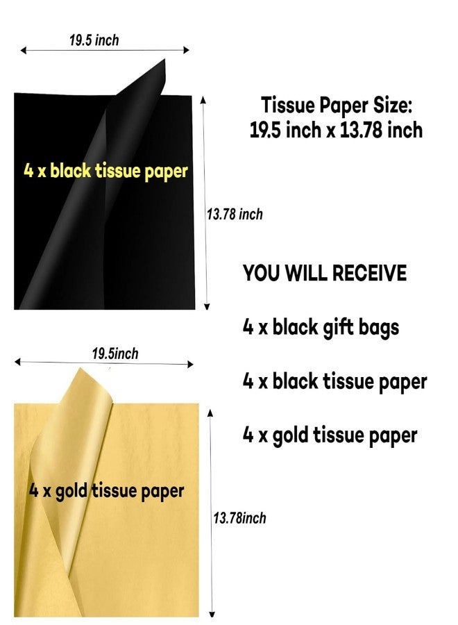 JUNESHE 4 Pack Small Black Gift Bags with Tissue Paper,6.3 inch Mini Tiny Little Paper Bag for Birthday Party Favors Baby Bridal Shower Shopping Presents Wedding - Image 3